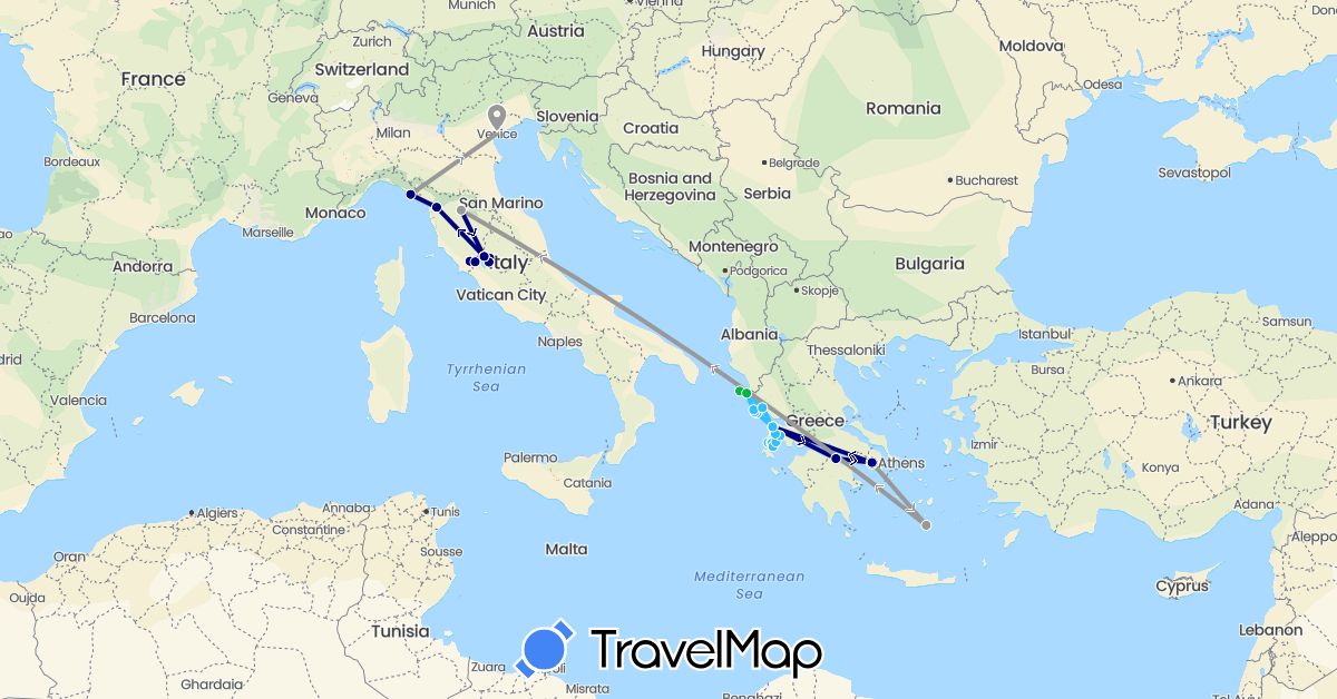 TravelMap itinerary: driving, bus, plane, boat in Greece, Italy (Europe)