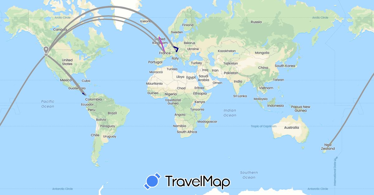 TravelMap itinerary: driving, plane, train in Costa Rica, Germany, France, United Kingdom, New Zealand, Panama, United States (Europe, North America, Oceania)
