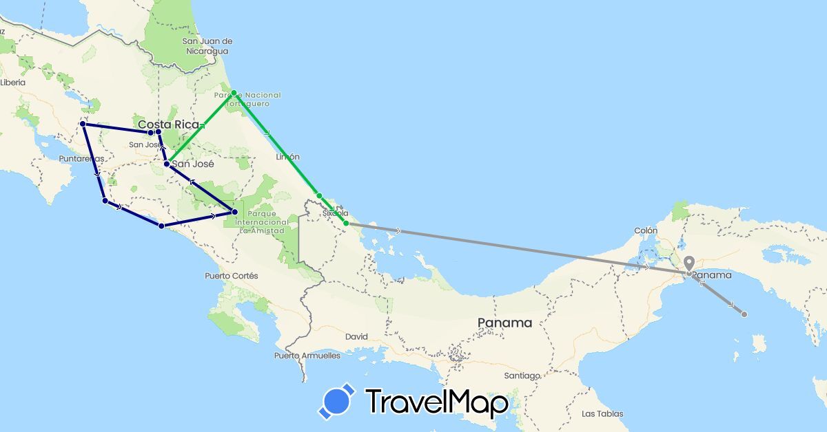 TravelMap itinerary: driving, bus, plane in Costa Rica, Panama (North America)